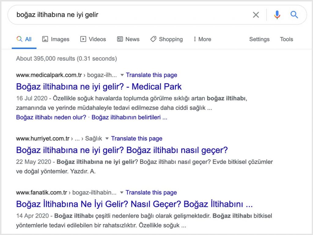 Medical Park Google search results